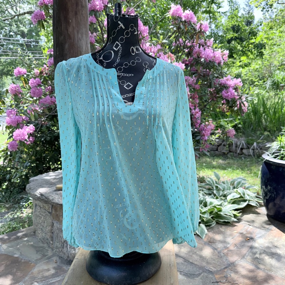 Lilly Pulitzer Elsa Silk Sheer Tunic Aqua Blue w Gold Metallic Clip Dots Size M‎ - Picture 5 of 9